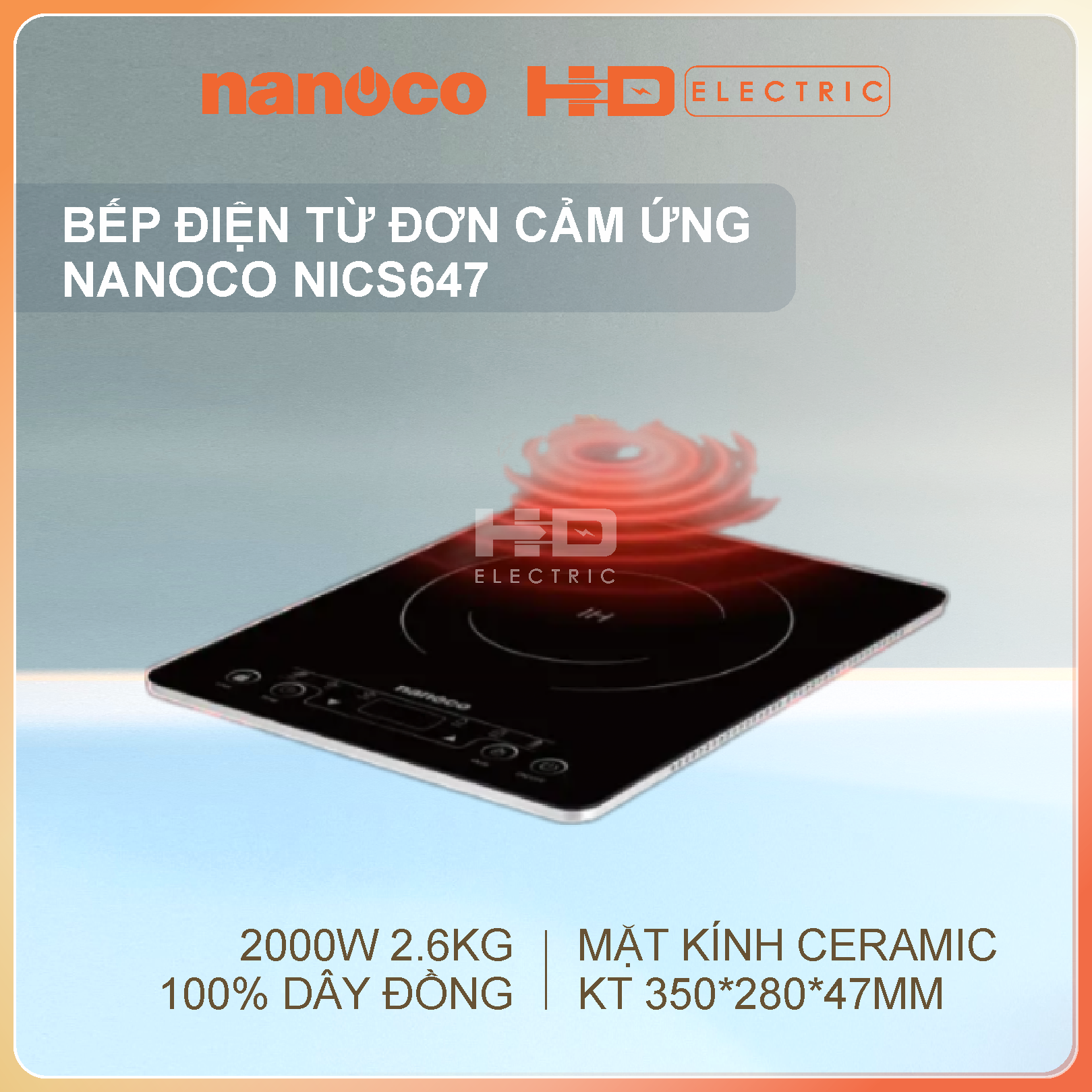 Bếp điện từ đơn Nanoco NICS648 2000W - Mặt kính Ceramic bóng